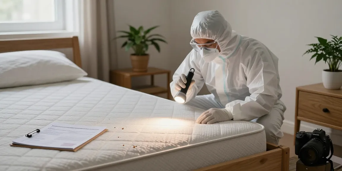 bed bug exterminators inspecting a mattress for infestations in a cozy bedroom setting