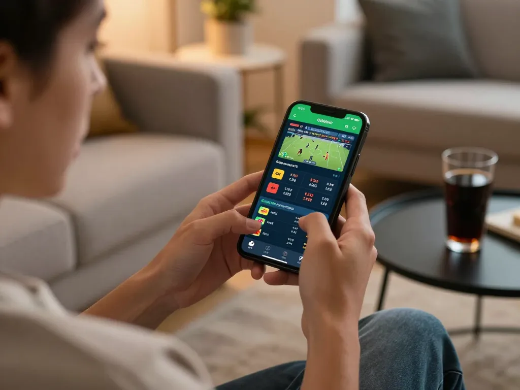 Engaged user at home using open88ss mobile app for sports betting, showcasing live odds and gameplay.