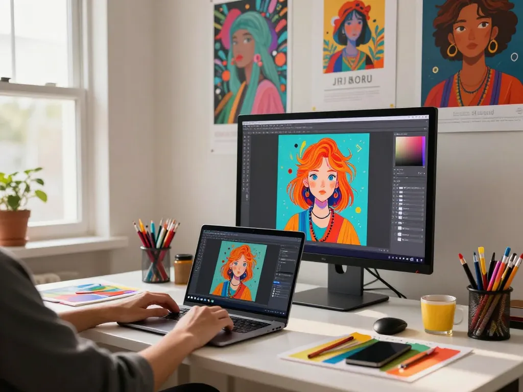 The image prompt generator showcases a digital artist's creative workspace, emphasizing vibrant AI-generated art and an inspiring atmosphere.