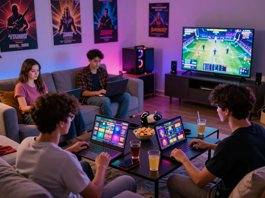 Friends enjoying an exciting gaming night on 99win platform, showcasing vibrant slot games and a cozy atmosphere