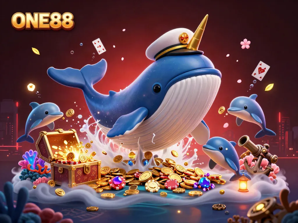 Experience thrilling wins with ONE88 as a whimsical whale and playful companions explore a sea of treasures.