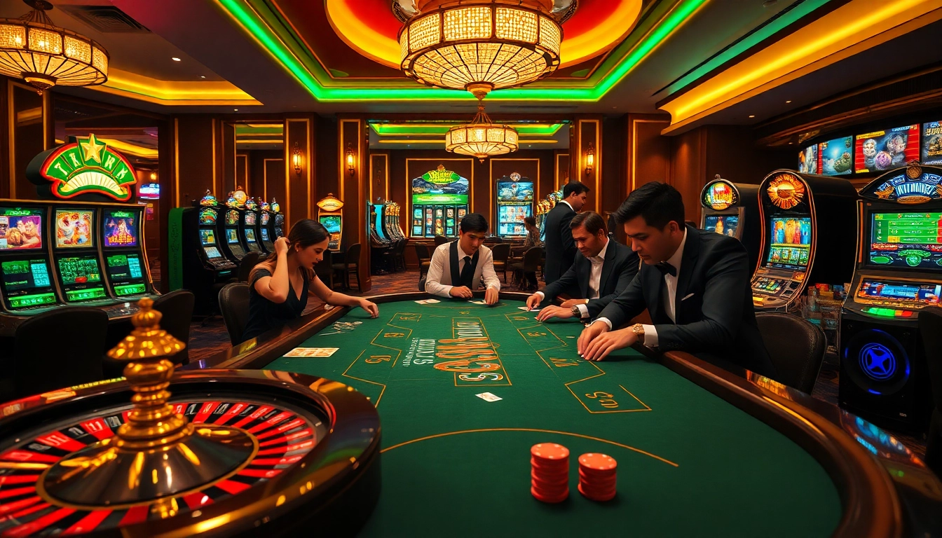 Experience thrilling gameplay at the j88 table in a luxurious casino setting with vibrant gaming elements.