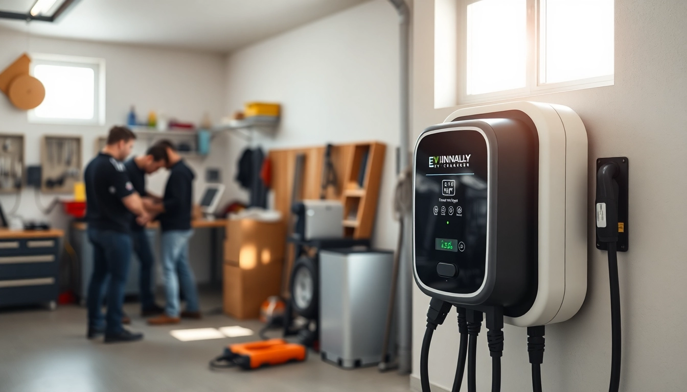 Install McNally EV charger in a modern garage with professional technicians at work.
