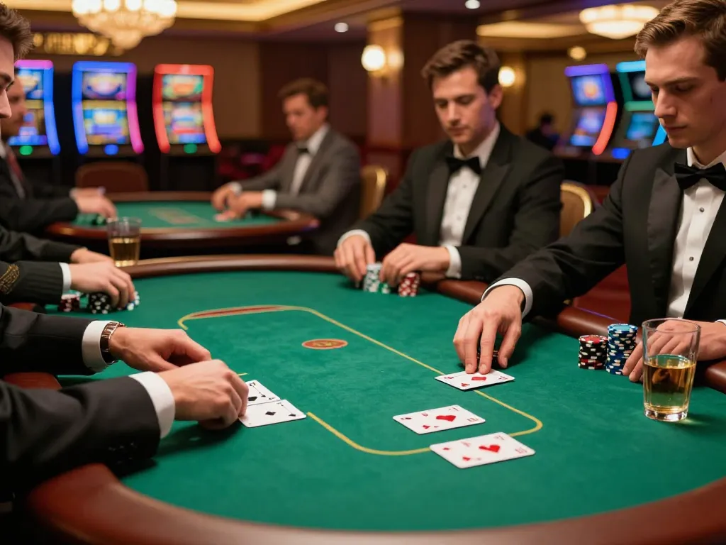 MM88 players engaged in an intense poker game surrounded by drinks and chips.