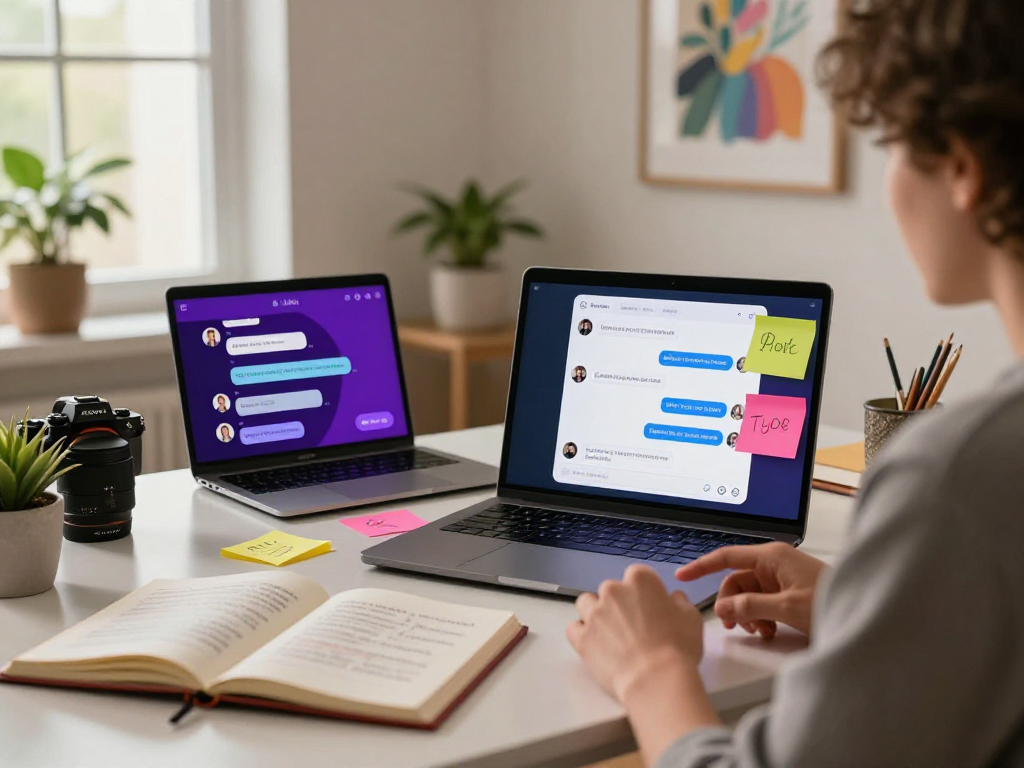 Engaging in a porn AI chat at a cozy desk with a laptop showing bright chat interface and relationship tips nearby.