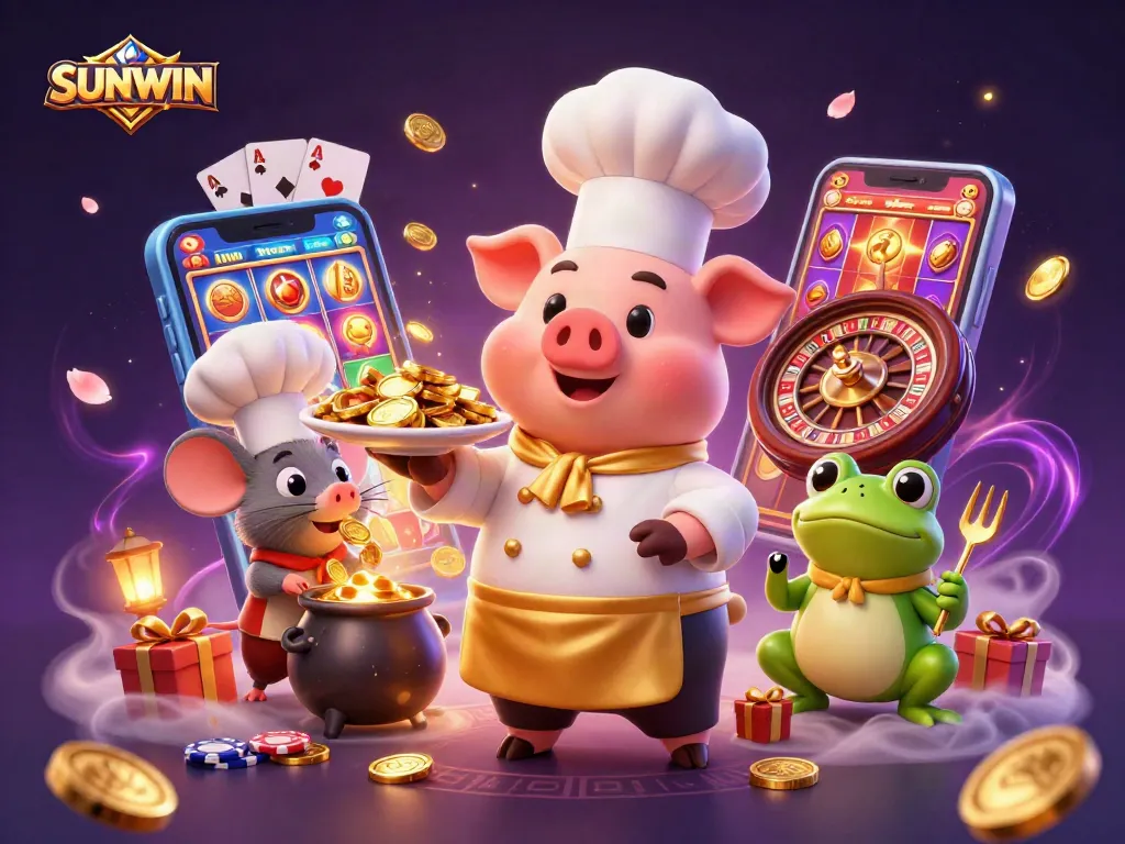 SUNWIN creates excitement as a pig chef serves golden coins amidst vibrant slot games and casino elements.