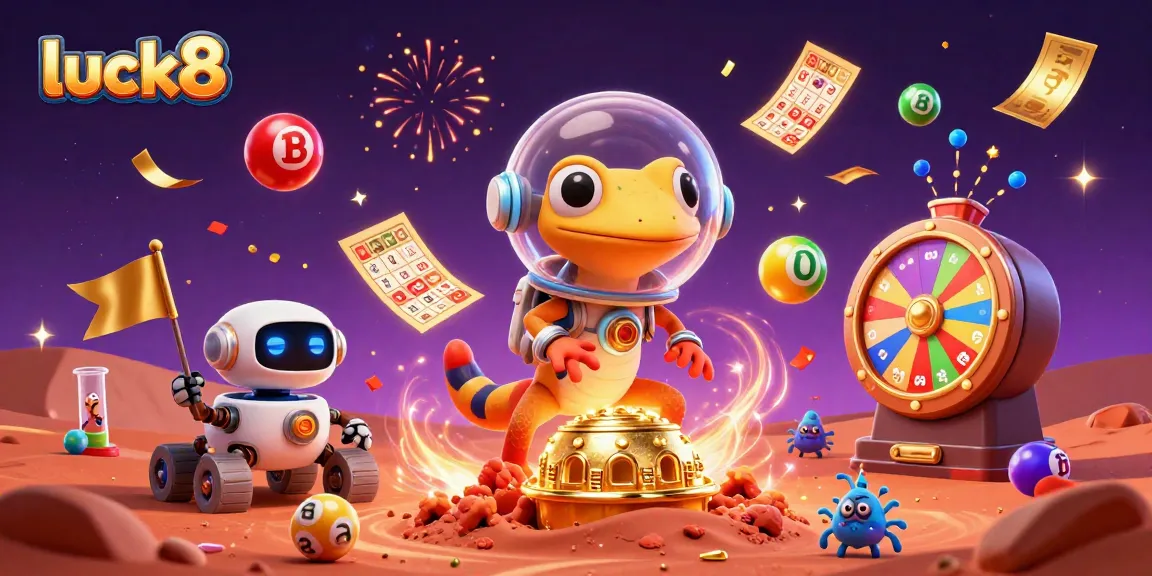 Engage with luck8 at a vibrant cosmic casino featuring a Martian gecko and colorful lottery elements.