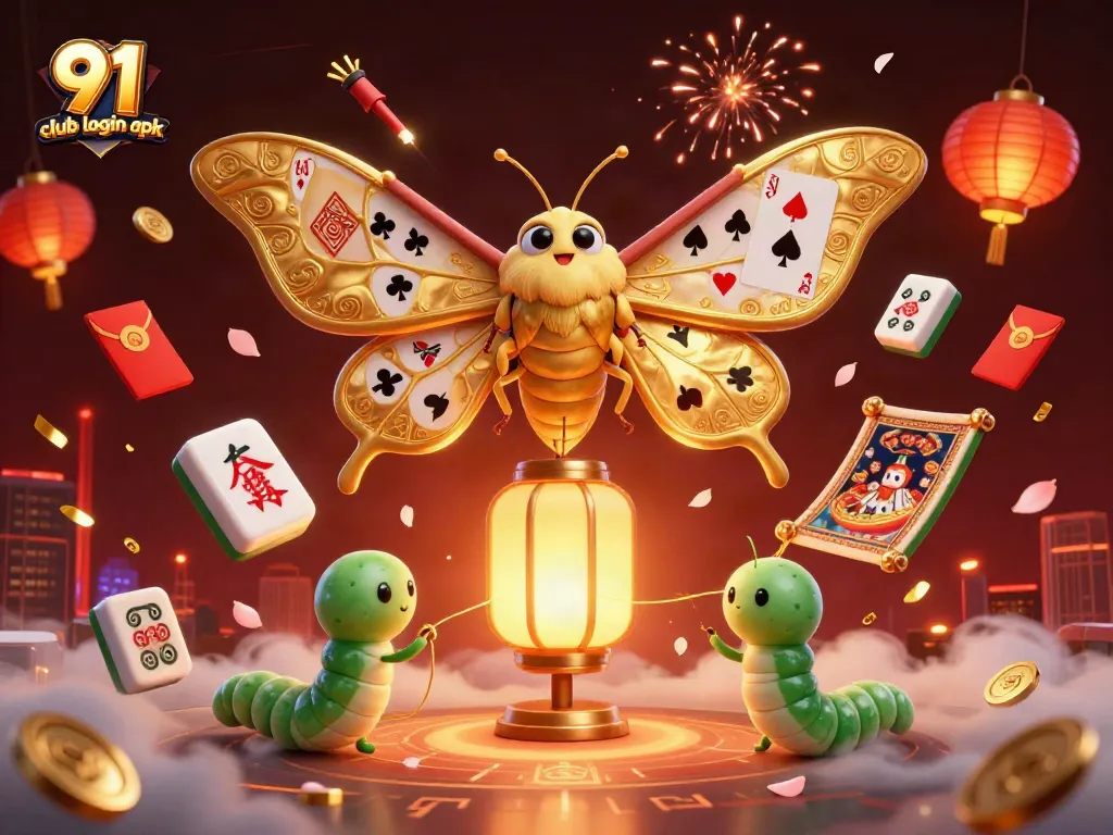Engage with the vibrant 91 club login apk scene featuring a majestic atlas moth and lively casino elements.