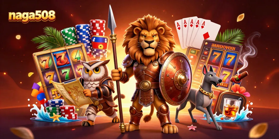 Naga508 brings excitement with a Spartan lion, owl strategist, and greyhound in a casino setting.