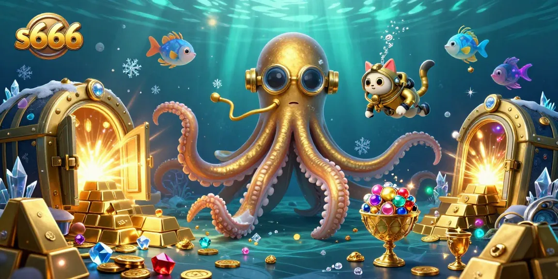 Engage in thrilling gameplay with s666, showcased by a golden kraken and diving cat in a vivid underwater scene.