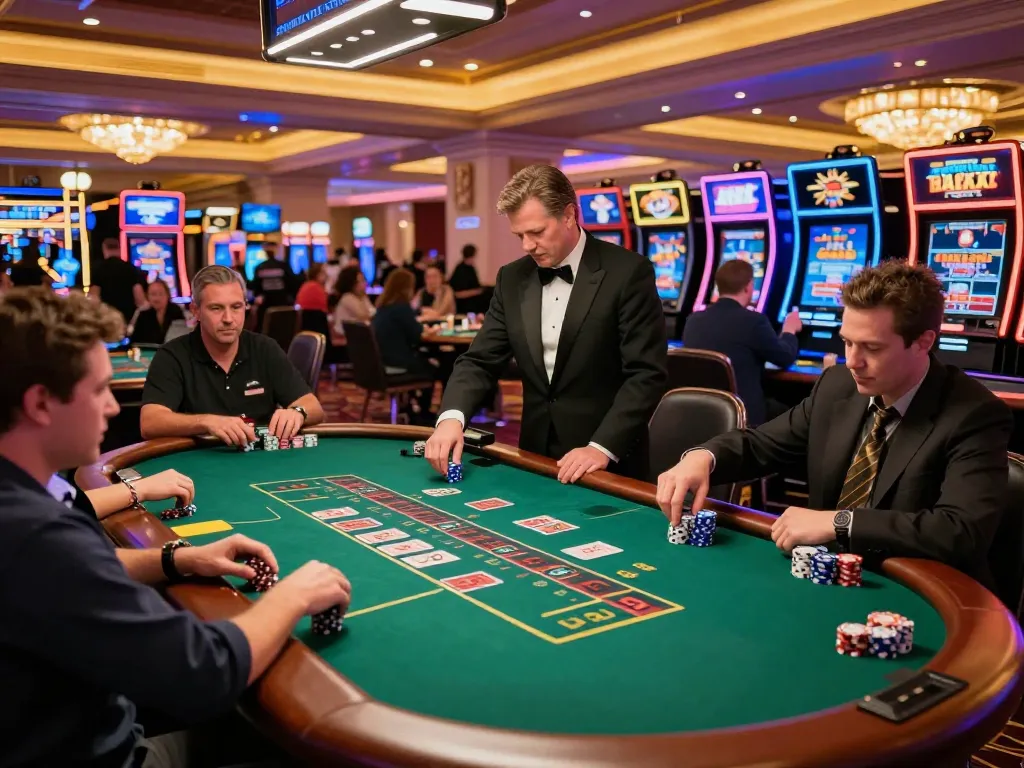 Players strategizing their bets at blackjack tables in a vibrant Las Vegas casino, part of https://s8inc.com/ gambling experience.