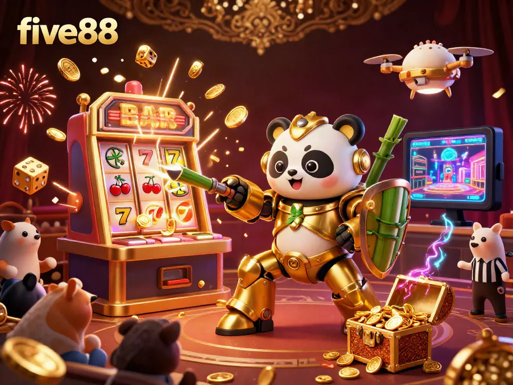 Experience excitement with five88 in a vibrant casino arena featuring dynamic game elements and cheerful spectators.
