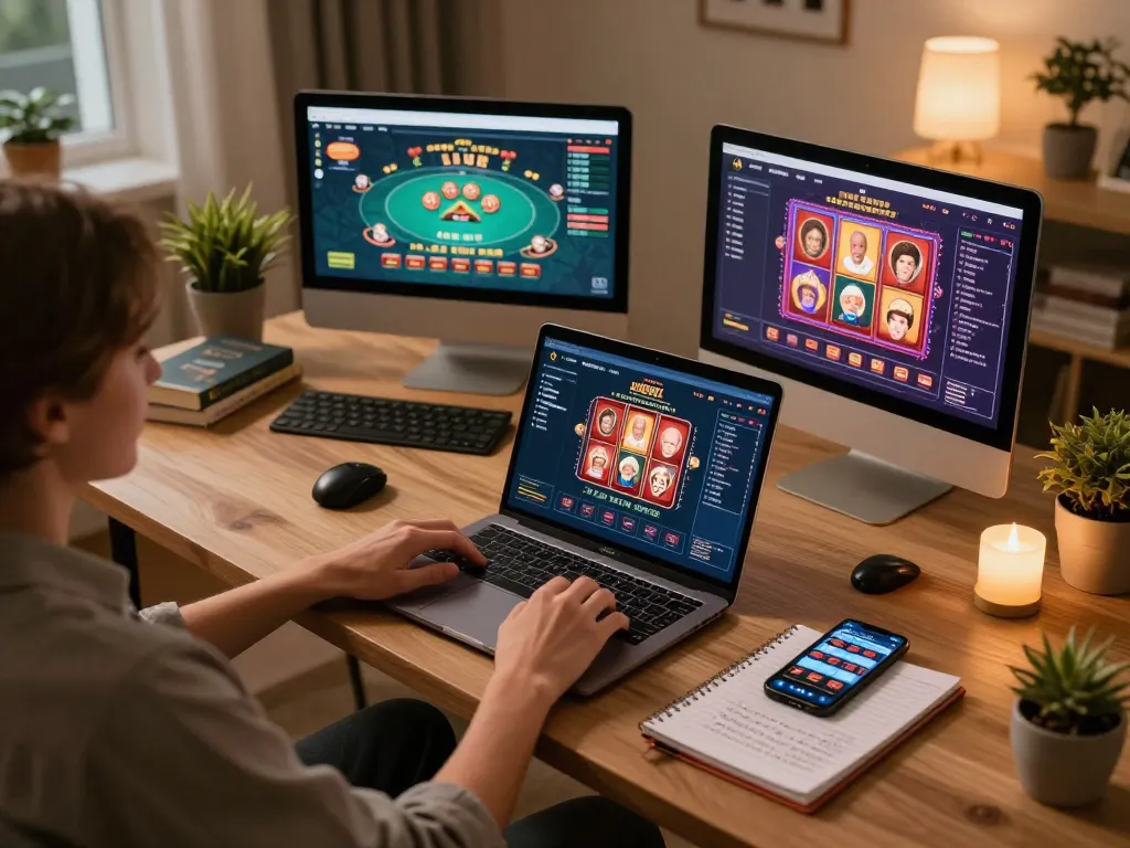 Person engaging in online gambling at home, utilizing TR88 strategies with laptop and betting notes