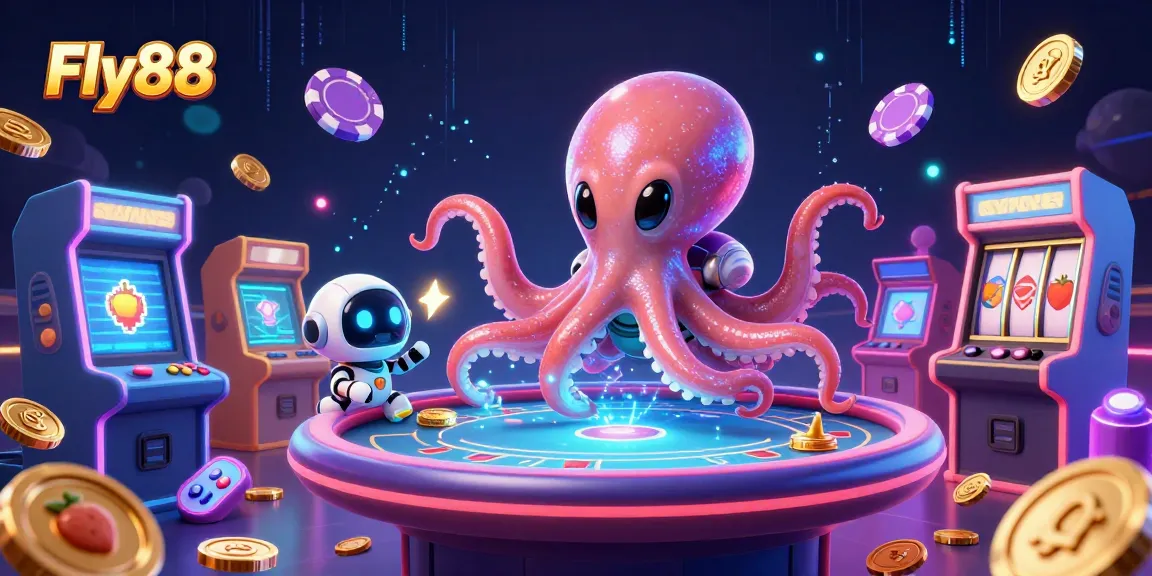Fly88 showcases a vibrant illustration of a playful octopus at a poker table, highlighting a fun gambling experience.
