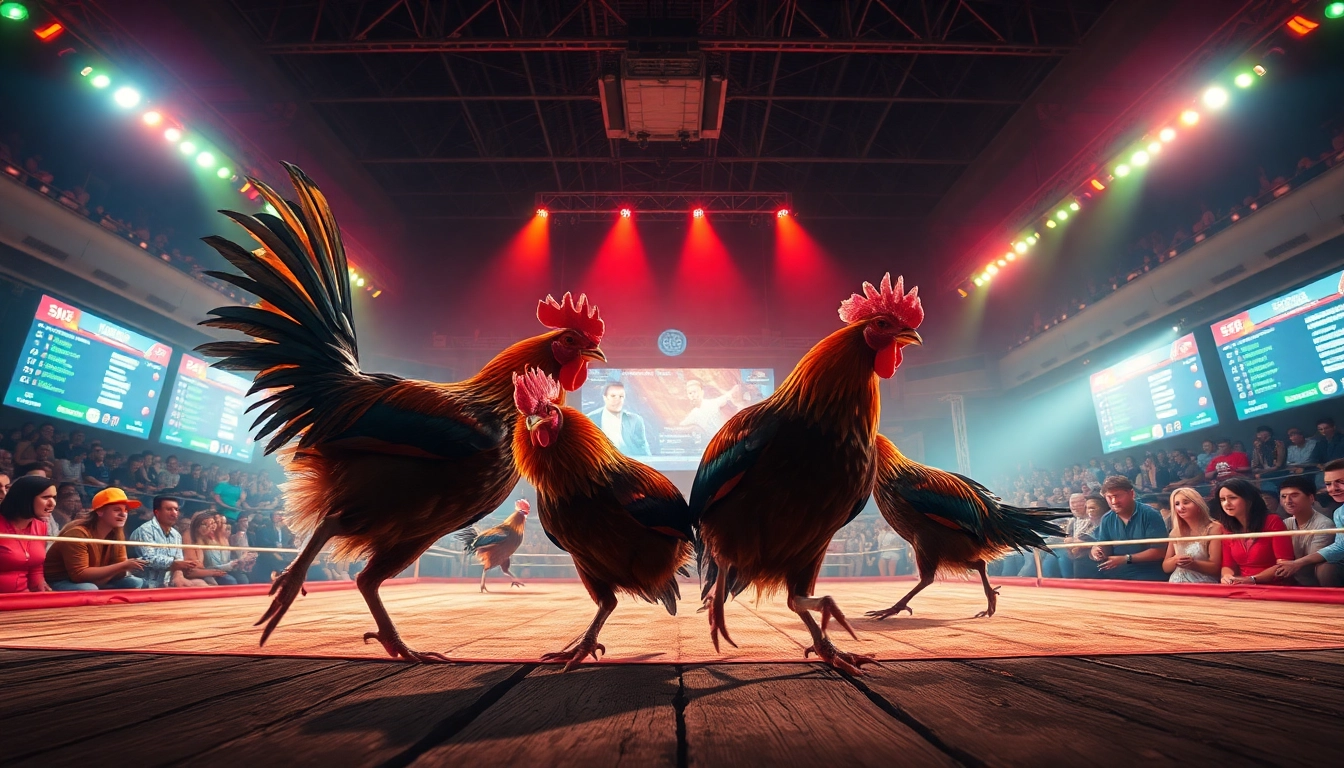 Experience thrilling live cockfighting at sv368win.live, capturing the intense atmosphere and vibrant colors of the event.