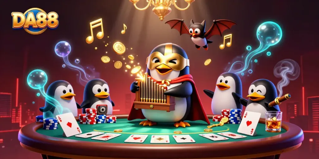 DA88 players enjoying vibrant poker action with golden animated coins at a bustling casino scene.