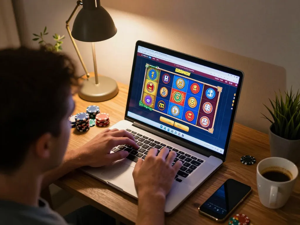 Engaging online gaming moment with 888NEW casino interface on laptop, showcasing strategic betting excitement.