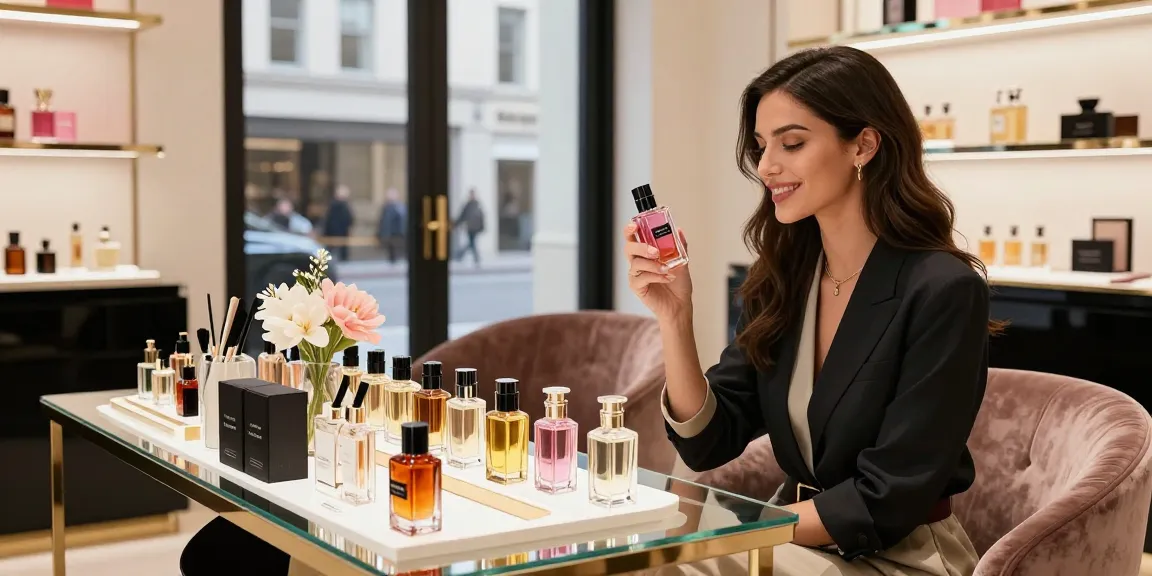Woman enjoying Razamoisele fragrance at a luxury boutique, surrounded by elegant scents and décor.