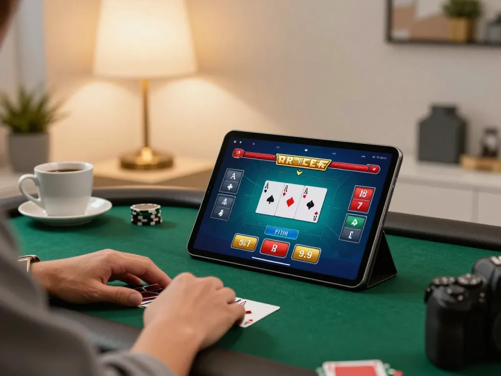 Player engaging with XX88 online poker game on tablet, showcasing comfortable and responsible gaming.