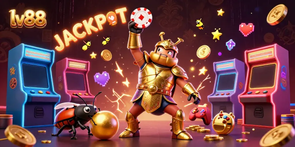 Experience the excitement of lv88 with a victorious beetle lifting a poker chip, surrounded by glowing game elements!