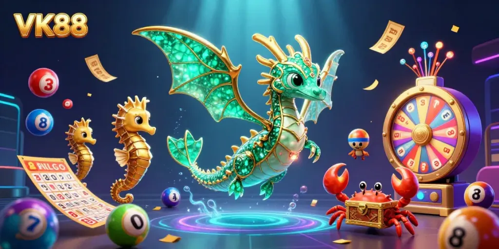Engage with VK88's vibrant scene of casino thrills, featuring lottery balls and treasure-filled sea creatures.