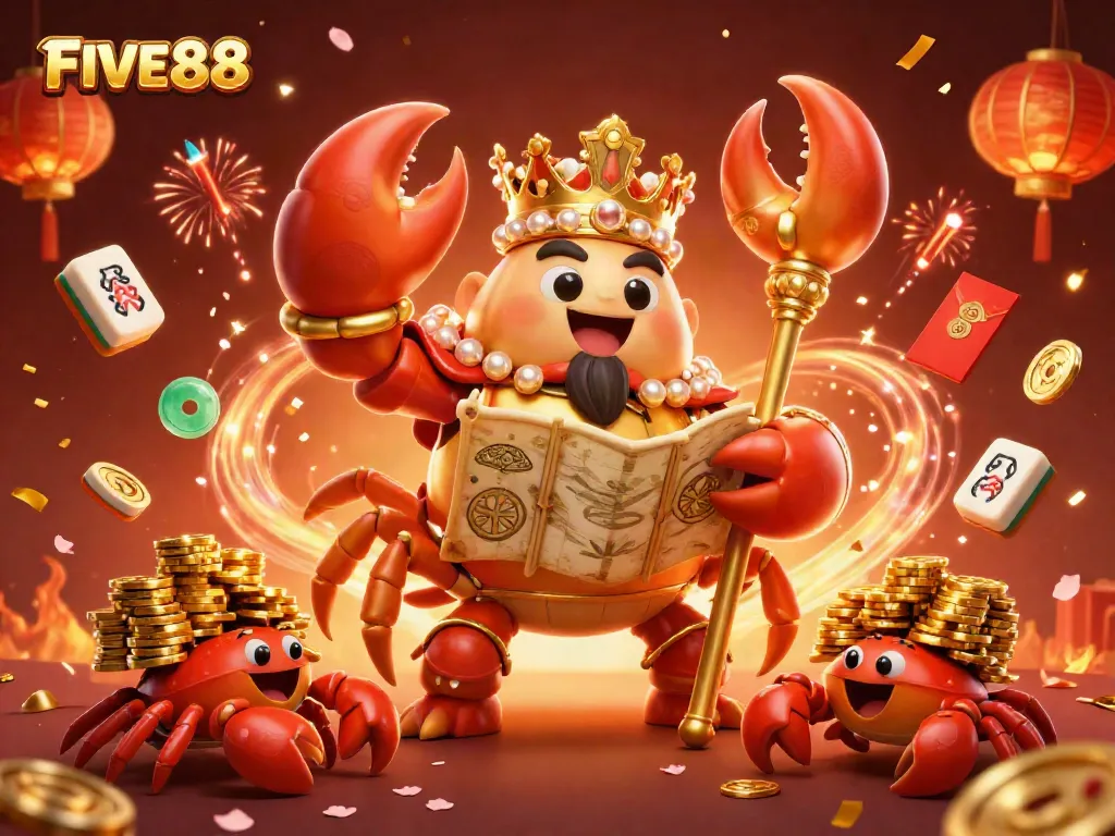 FIVE88's golden crab emperor leads a vibrant casino celebration with fireworks and treasures.
