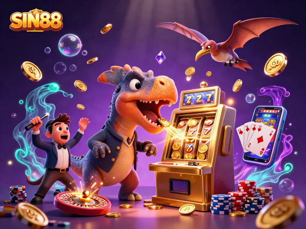 SIN88 engages players with dynamic jackpot action, featuring vibrant casino characters and thrilling gaming elements.