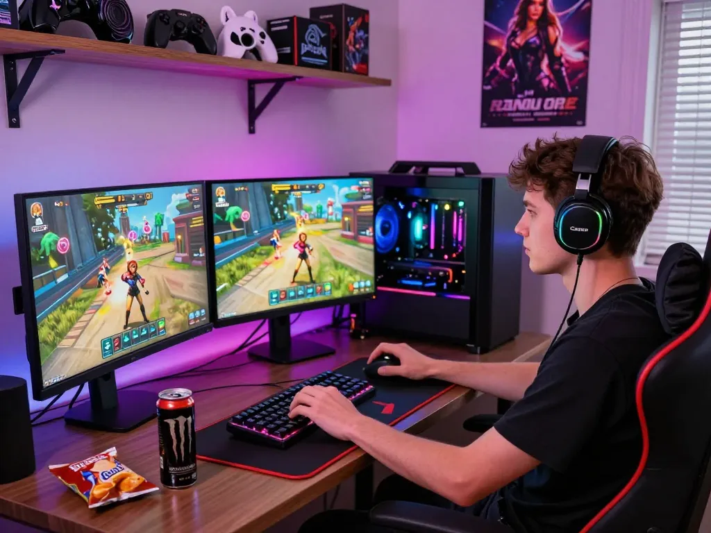 Young adult male engaged in a sex simulator game on a gaming PC with vibrant RGB lighting.