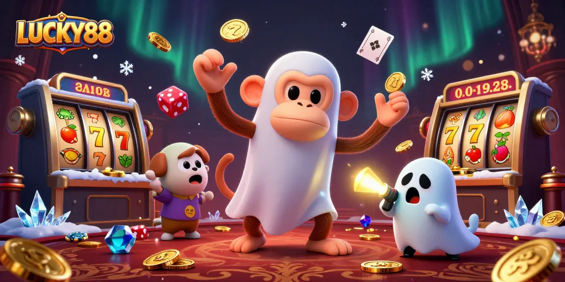 LUCKY88 showcases a spirited poltergeist monkey juggling coins in a vibrant haunted casino.