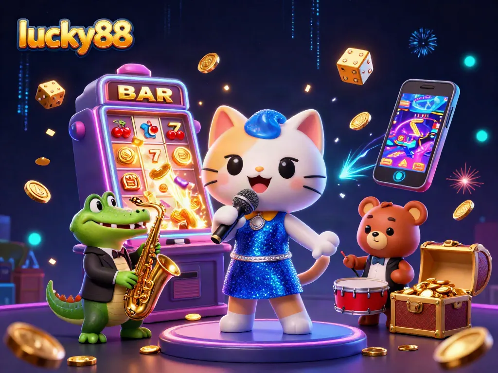 Experience the excitement at lucky88 with immersive casino characters and vibrant slot game elements.