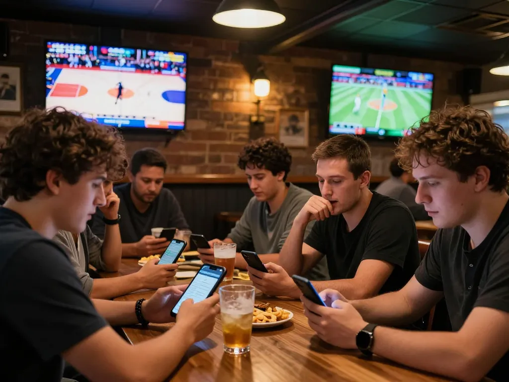Friends using tg88 mobile app for live sports betting in a vibrant pub atmosphere