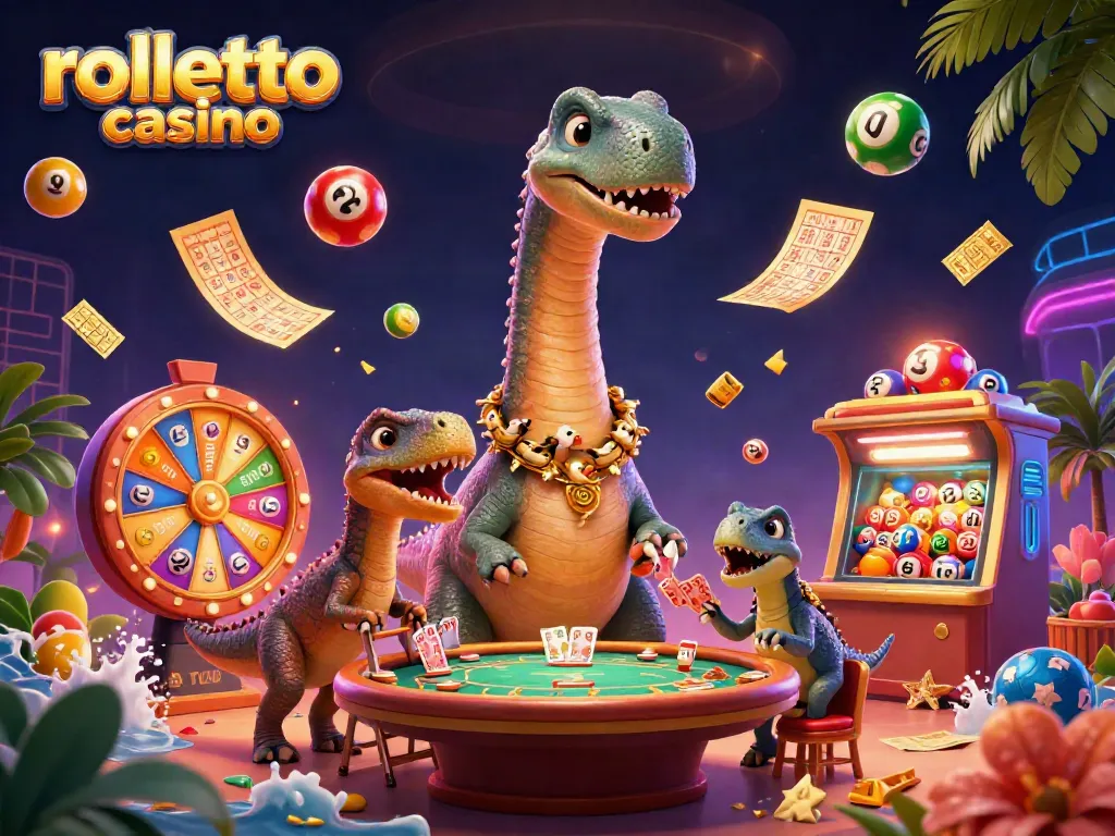 Engage with Rolletto Casino's vibrant world, featuring a playful brontosaurus and colorful gaming elements.