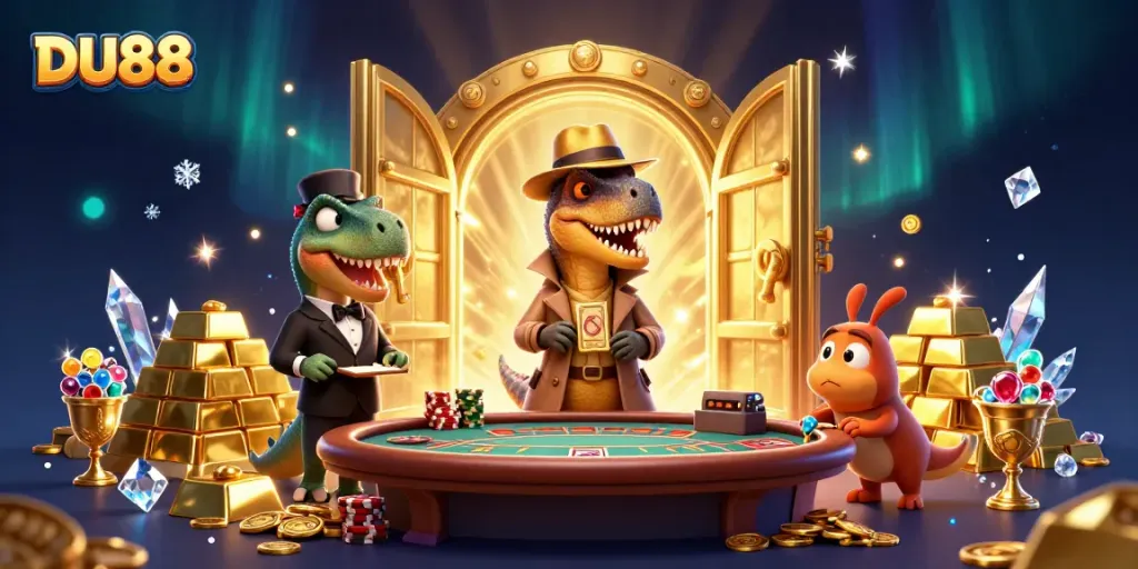 Engage in thrilling casino gameplay at DU88 with vibrant characters and sparkling treasures.