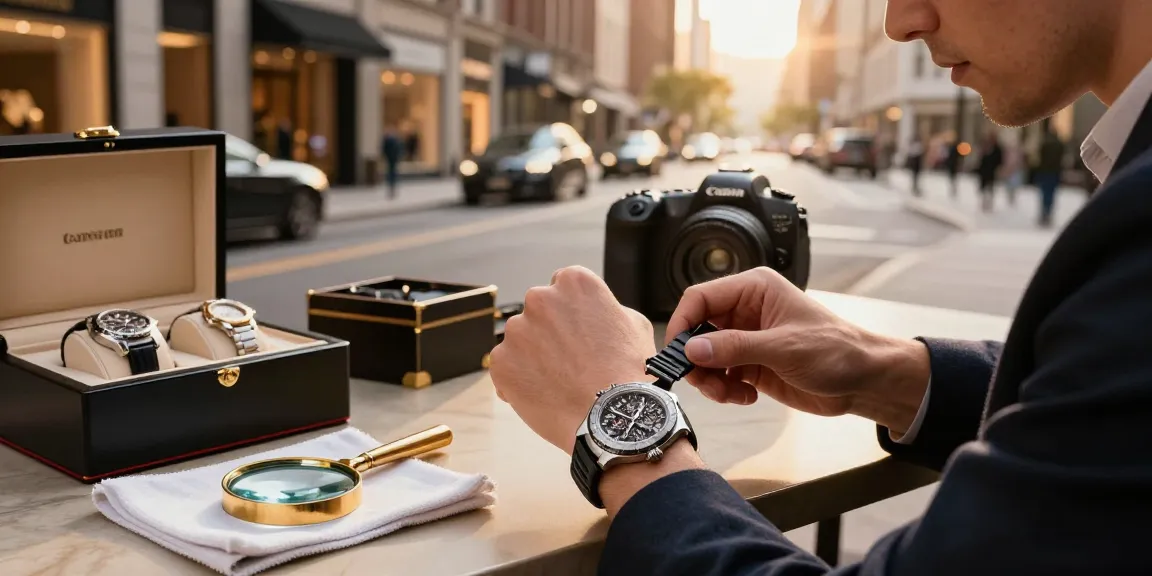 Admiring super clone watches in an upscale urban environment, showcasing elegance and craftsmanship.