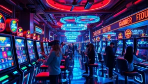 Gamblers exploring New Technology with VR at a futuristic casino.