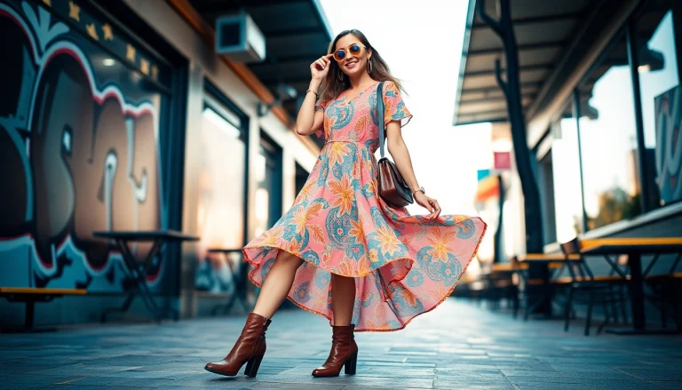 Stylish woman modeling vibrant Women Fashion in an urban setting.