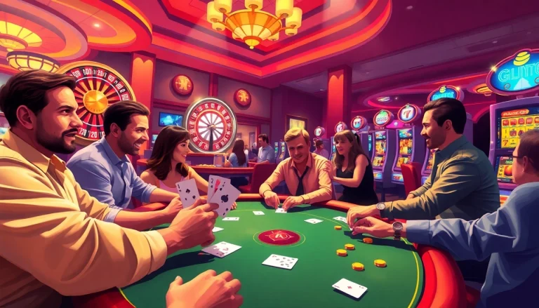 Experience excitement at a lively casino featuring game bài đổi thưởng with players around tables.