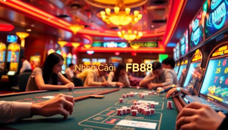 Experience dynamic gaming at Nhà Cái FB88 with players enjoying poker and vibrant slot machines.