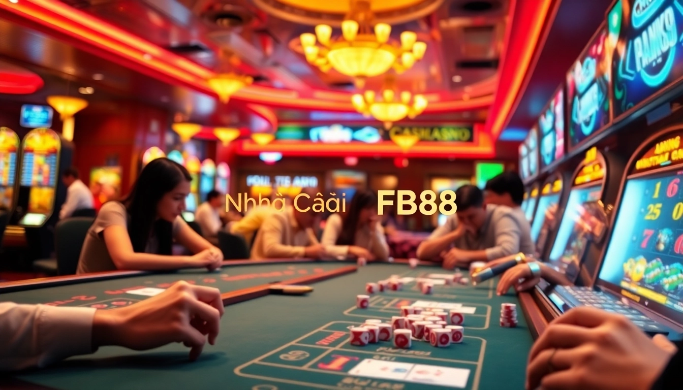 Experience dynamic gaming at Nhà Cái FB88 with players enjoying poker and vibrant slot machines.