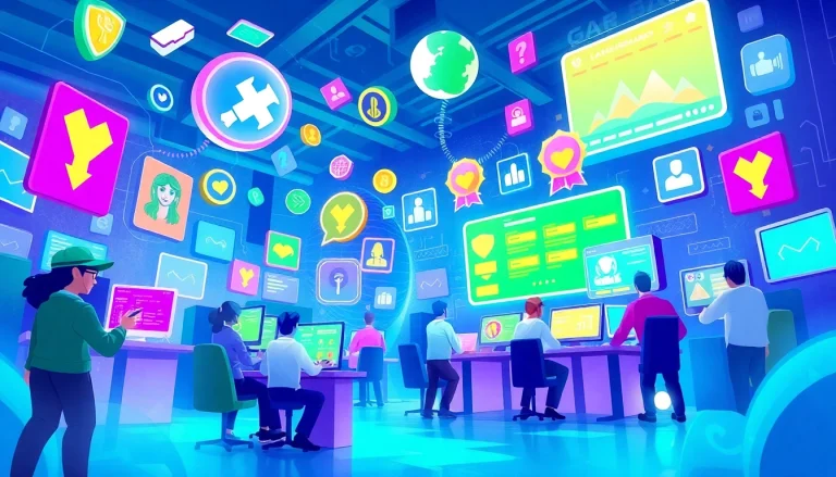 Explore gamification tools with creative icons in a lively gaming scene.