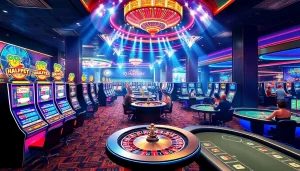 A vibrant casino floor showcasing KJC AC 2 with poker tables, slot machines, and players enjoying the excitement of gambling.