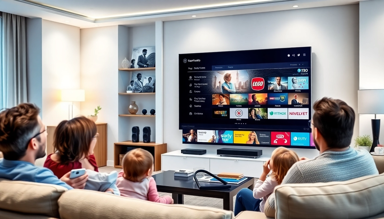 Engaged family enjoying iron iptv on a stylish television in a cozy living room setting.
