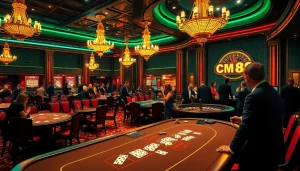 Players enjoying a lively casino scene with CM88 signage, featuring vibrant tables and roulette action.