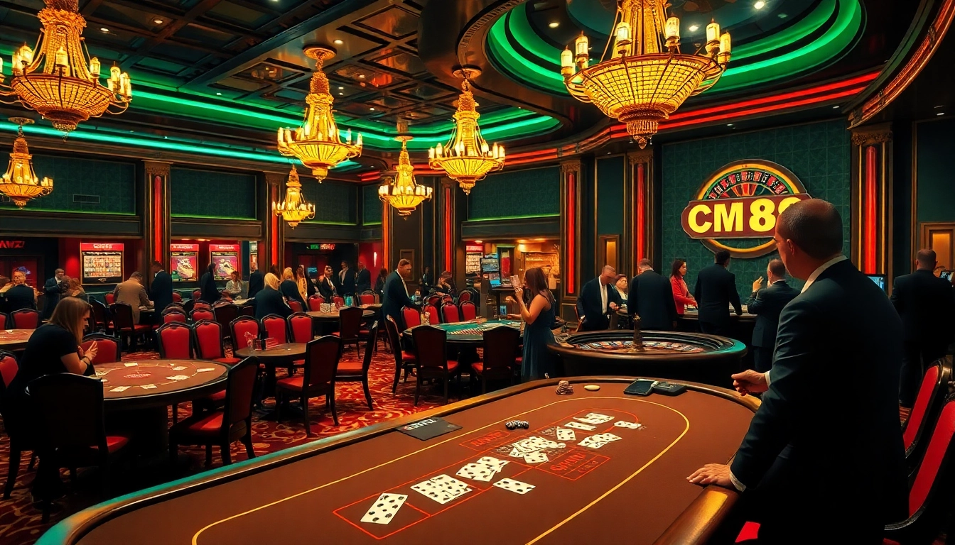 Players enjoying a lively casino scene with CM88 signage, featuring vibrant tables and roulette action.