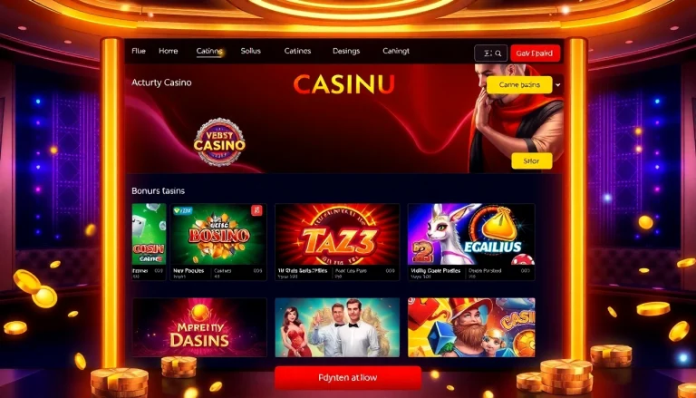 Cazinouri online germania bonus fără depunere, featuring a vibrant display of slot games and enticing promotions in an engaging casino environment.