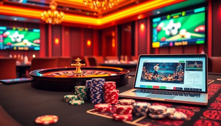 View of a vibrant casino scene showcasing Nhà cái NEW88 online betting table with chips and cards.