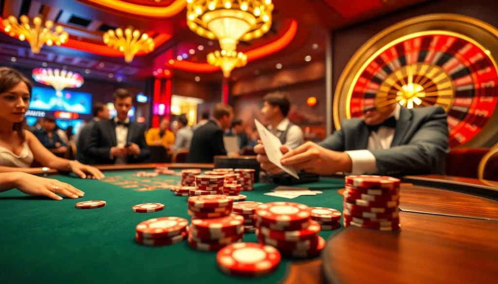 Exciting casino atmosphere at 11win.best showcasing poker action and roulette spinning.