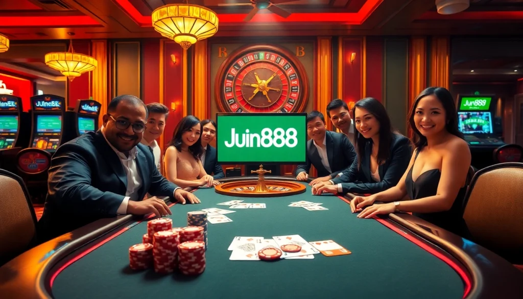 Experience the thrill of gambling at Jun888 with vibrant poker tables and exciting casino action.
