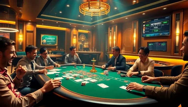 Engaged players enjoying a poker game at net88x.net casino with lavish decor and betting elements.