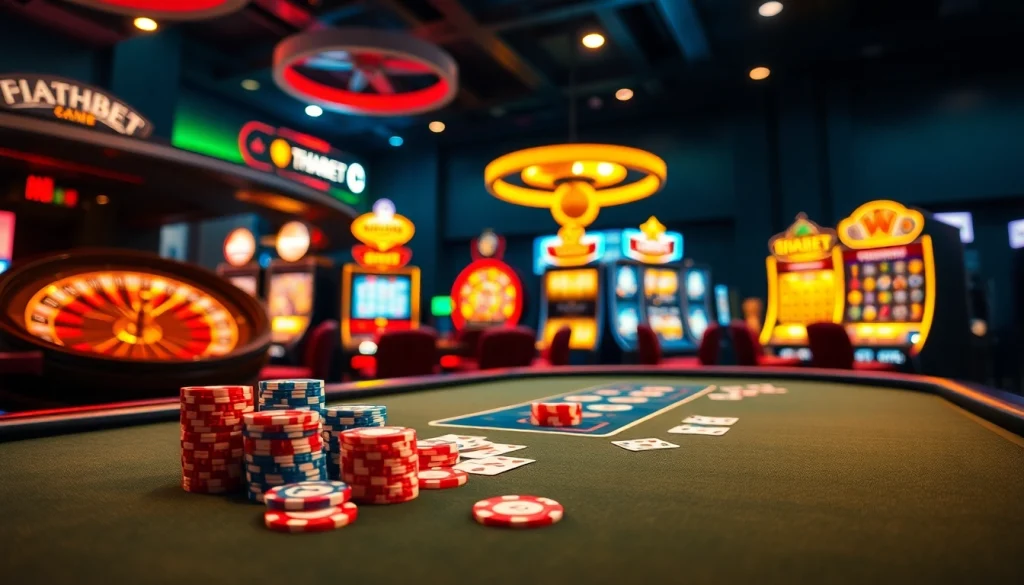 Exciting THABET poker players engaged at a vibrant casino table, featuring colorful chips and cards.